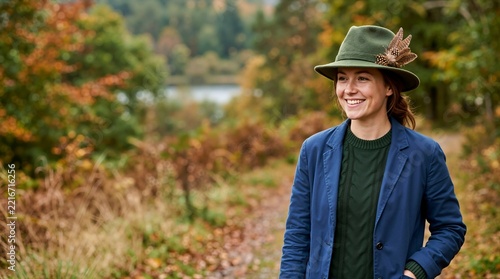 Smiling woman wearing a traditional green felt hat with feather detail outdoors. Portrait of a woman in an alpine fedora and blue blazer in an autumn landscape