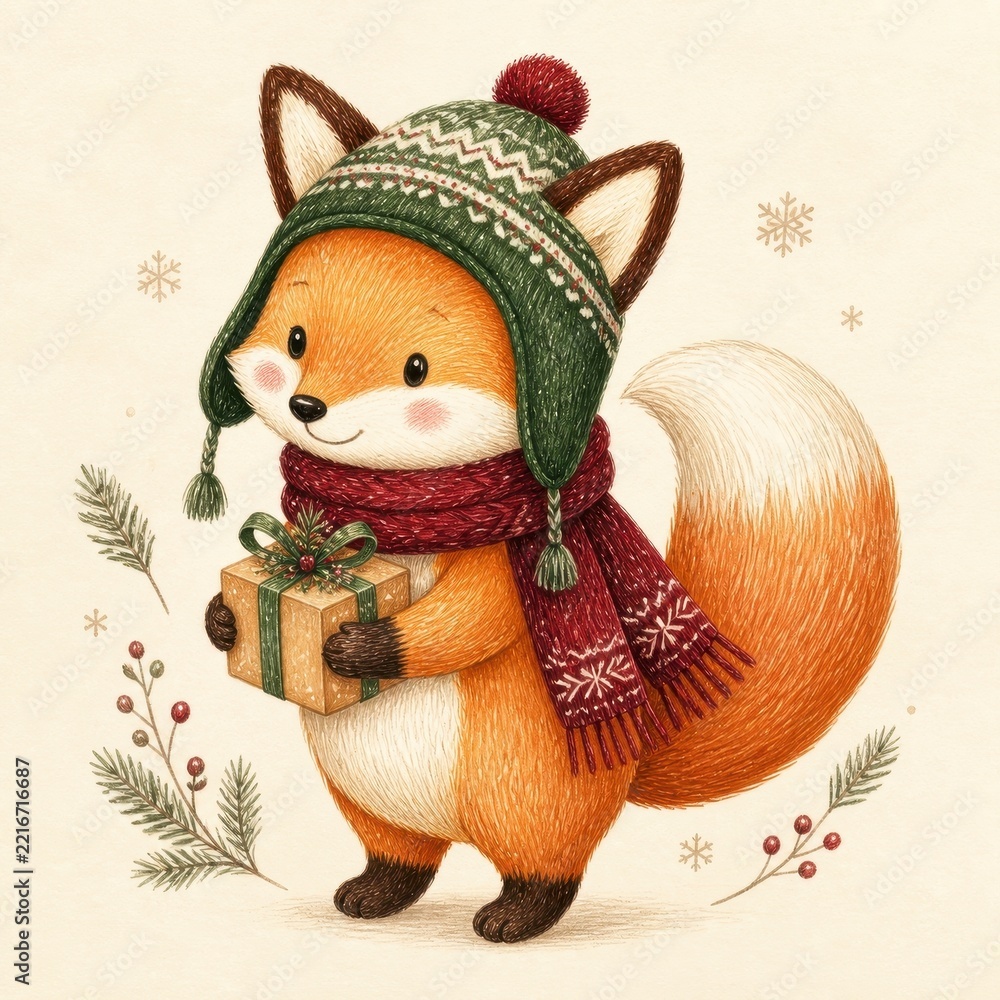 Fototapeta premium Cute fox in winter hat holding gift, festive holiday illustration