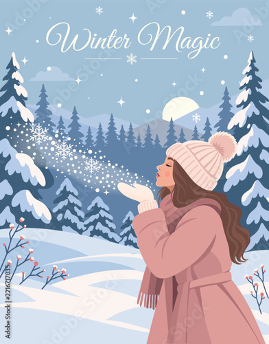 Young woman in a warm pink coat and a knitted hat blows sparkling snowflakes in a magical winter forest. Vector poster featuring a snowy landscape, suitable for winter greeting cards, posters, banners