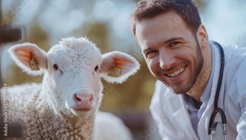 Male veterinarian holding a cute cow in the farm field, professional livestock healthcare examination