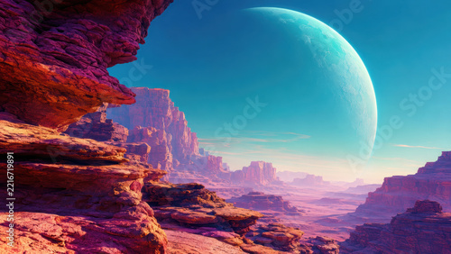 80s inspired planetary scenery with vibrant rock formations and surreal landscape under large blue planet in sky