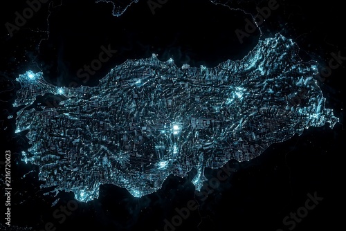 Satellite view of Turkey at night showing illuminated cities and infrastructure.