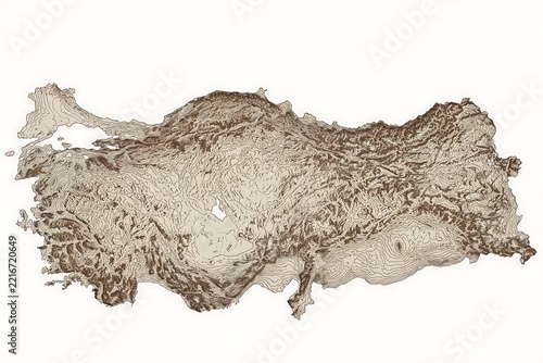Topographic Map of Turkey Showing Mountains and Rivers.