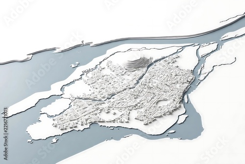 Abstract aerial view of a city map with water and land features.