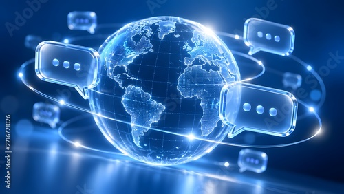 Holographic Earth Globe Surrounded By 3D Glass Speech Bubbles Representing Global Communication And International Network