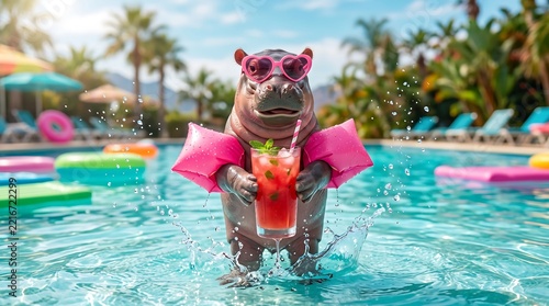Cute baby hippo wearing pink heart sunglasses and arm floaties