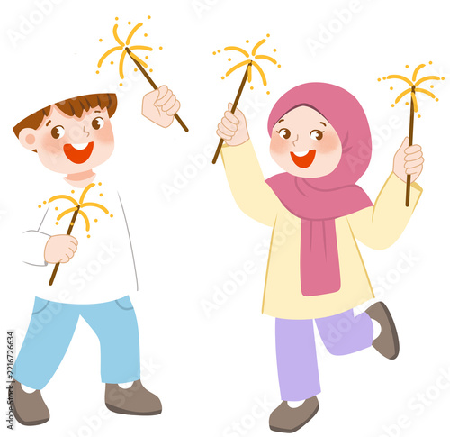 Muslim kids playing firework 