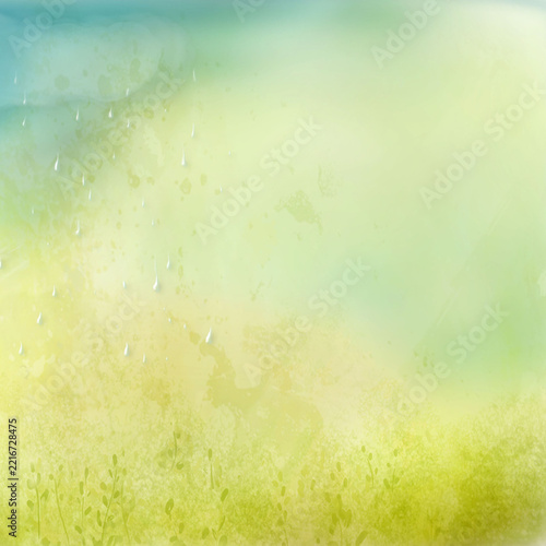 Soft watercolor meadow background with fresh green grass, gentle rain drops and pastel blue-green tones, creating a serene natural scene for spring, wellness and seasonal designs.