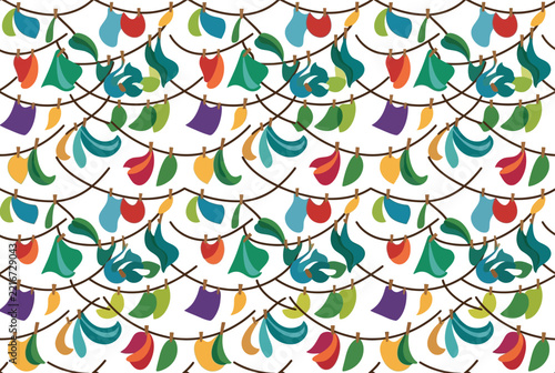 Playful seamless pattern of colorful clothes hanging on lines.