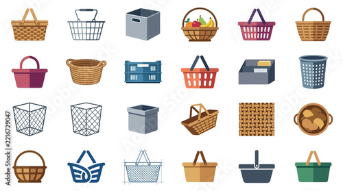 Household storage icons featuring baskets, bins, and crates.