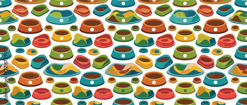 Vibrant pet food bowls seamless pattern vector background.