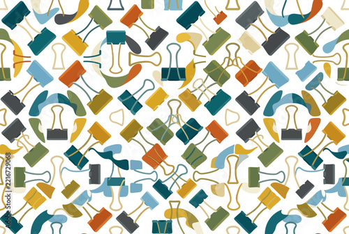 Modern geometric pattern of colorful metal binder clips for stationery.