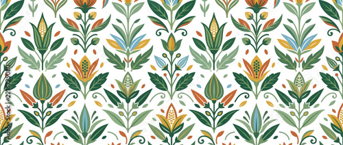 Folk art floral pattern with orange and green leaves.