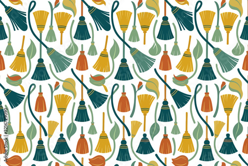 Playful seamless pattern of colorful wooden cleaning brooms.