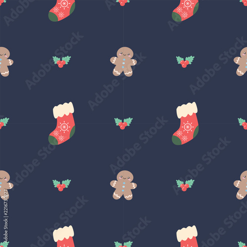Cute Christmas Seamless Pattern with Gingerbread and Stockings