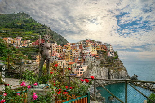 Scenic view of famous Manarola town at the Cinque Terre National Park. Liguria, Italy