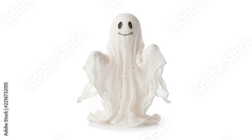 Cute Halloween ghost decoration made of white fabric isolated on a clean white background