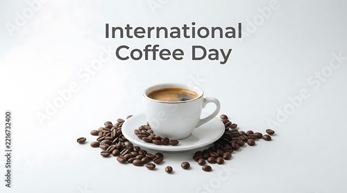 International Coffee Day celebration with a white ceramic cup of hot espresso and roasted coffee beans on a clean white background