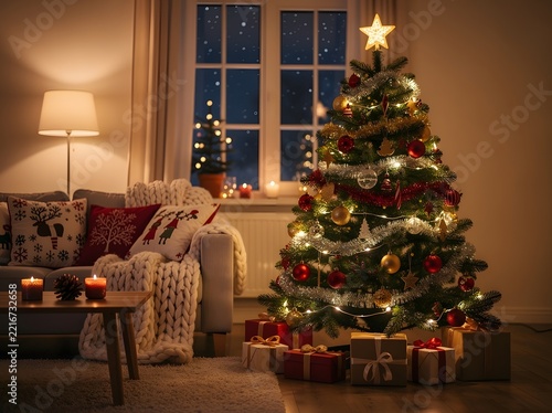 Winter Holiday Season Banner with Christmas Tree Ornaments, Cozy Indoor Decor and Snowy Village Scene