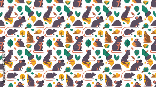 Seamless repeating pattern with stylized mice and floral elements.