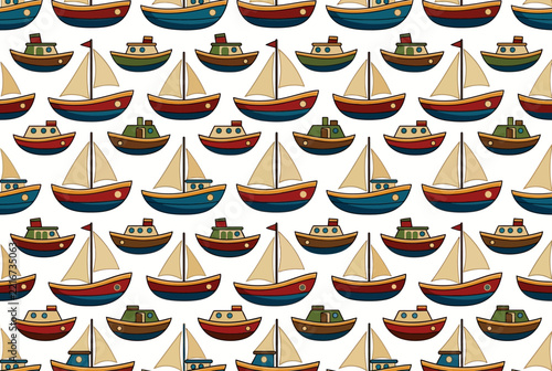 Nautical sailboat and ship pattern on white background.