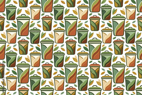 Seamless pattern of stylized recycling bins and green leaves.