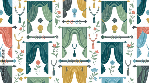 Seamless pattern of luxury green curtains and tassels.