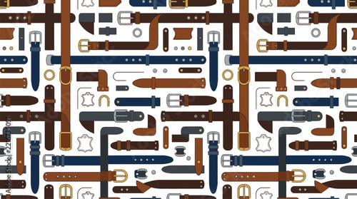 Seamless background pattern with various leather belts and buckles.