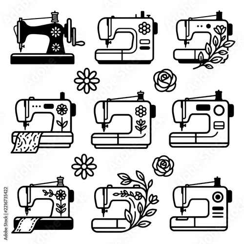 Modern and vintage sewing machine icon set with floral accents, vector line art collection for seamstress, cricut cut file, and craft logo