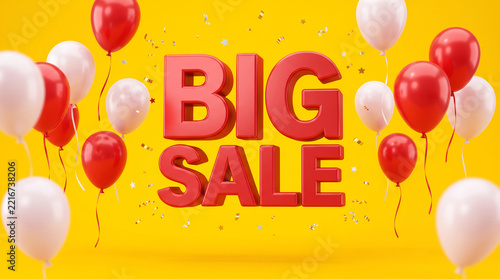 Red and white balloons float around large red 3D text proclaiming 