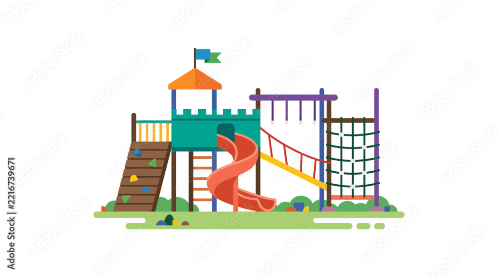 Fototapeta premium Colorful Outdoor Children's Playground Equipment Vector Illustration with Slide and Climbing Wall