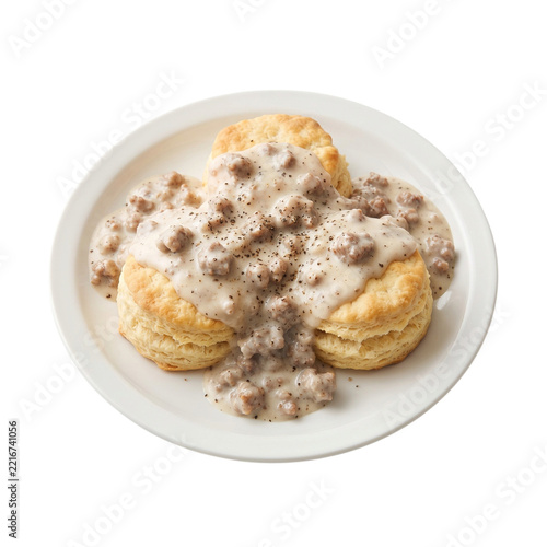 Freshly baked buttermilk biscuits covered in savory sausage gravy served on white plate on transparent background