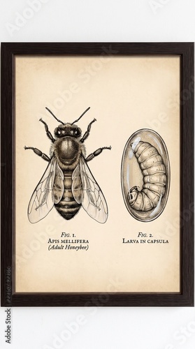 Bee and bee larvae in honeycomb.