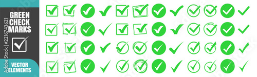 Green check mark collection with boxed, circular, and sketched variations