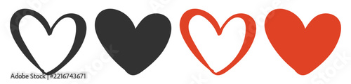 Black and red heart icon set with outline and filled styles