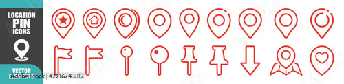 Red location pin icon set with map markers, flags, and navigation symbols. On a transparent background.