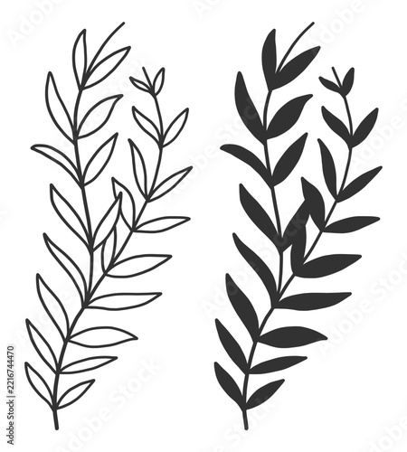 Leafy botanical sprig set with outline and filled styles