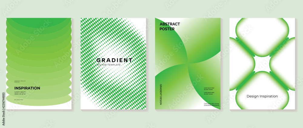 Fototapeta premium Fresh Green Gradient Poster Collection Vector with Wavy Layers, Halftone Pattern, Organic Curves, Framed Shapes on White Background for Modern Wall Art, Branding, Editorial Cover, Print