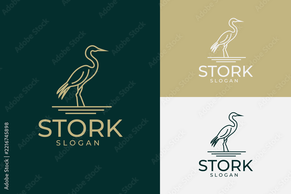 Fototapeta premium Heron Stork Bird Line Art Logo Minimalist Water Lake Silhouette Vector