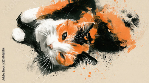 Calico cat watercolor illustration lying orange black white paint splashes paw prints pet portrait artistic beige background