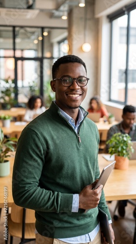 A smiling young Black man wearing glasses and a green sweater, holding a tablet in a modern co-working office.