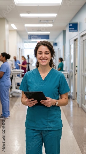 A smiling female nurse in teal scrubs holds a tablet in a busy hospital hallway, looking directly at the camera.
