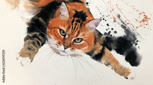 Calico cat watercolor illustration lying orange black white paint splashes paw prints pet portrait artistic beige background