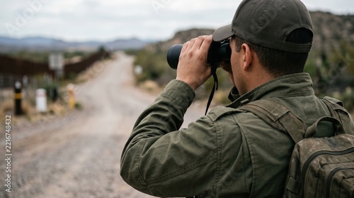 Man surveying arid borderland with binoculars