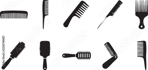 Set of black hair comb and brush icons for professional salon and