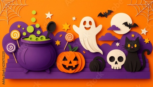 Paper craft halloween decoration with pumpkin ghost and black cat
