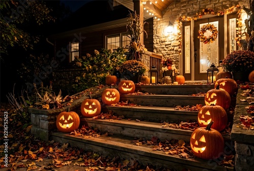 Glowing carved jack o lanterns on porch steps at night with autumn leaves