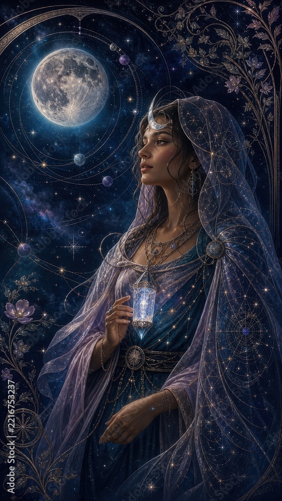 Fototapeta premium Mystical celestial woman holding crystal lantern beneath a full moon