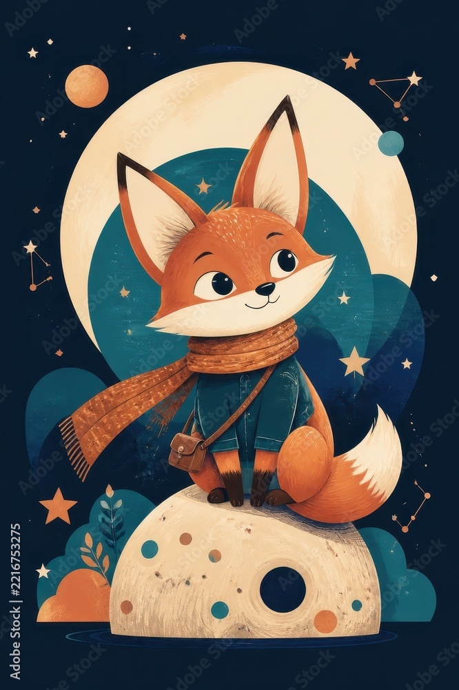 Fototapeta premium Cute fox astronaut illustration sitting on a moon beneath stars