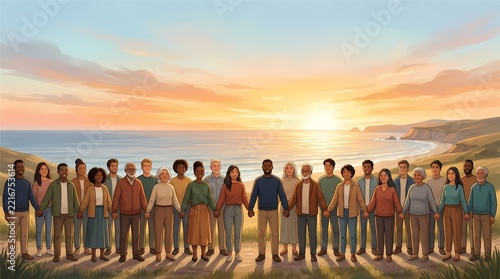 Wide banner of diverse people holding hands at sunrise by the sea, copy space in sky